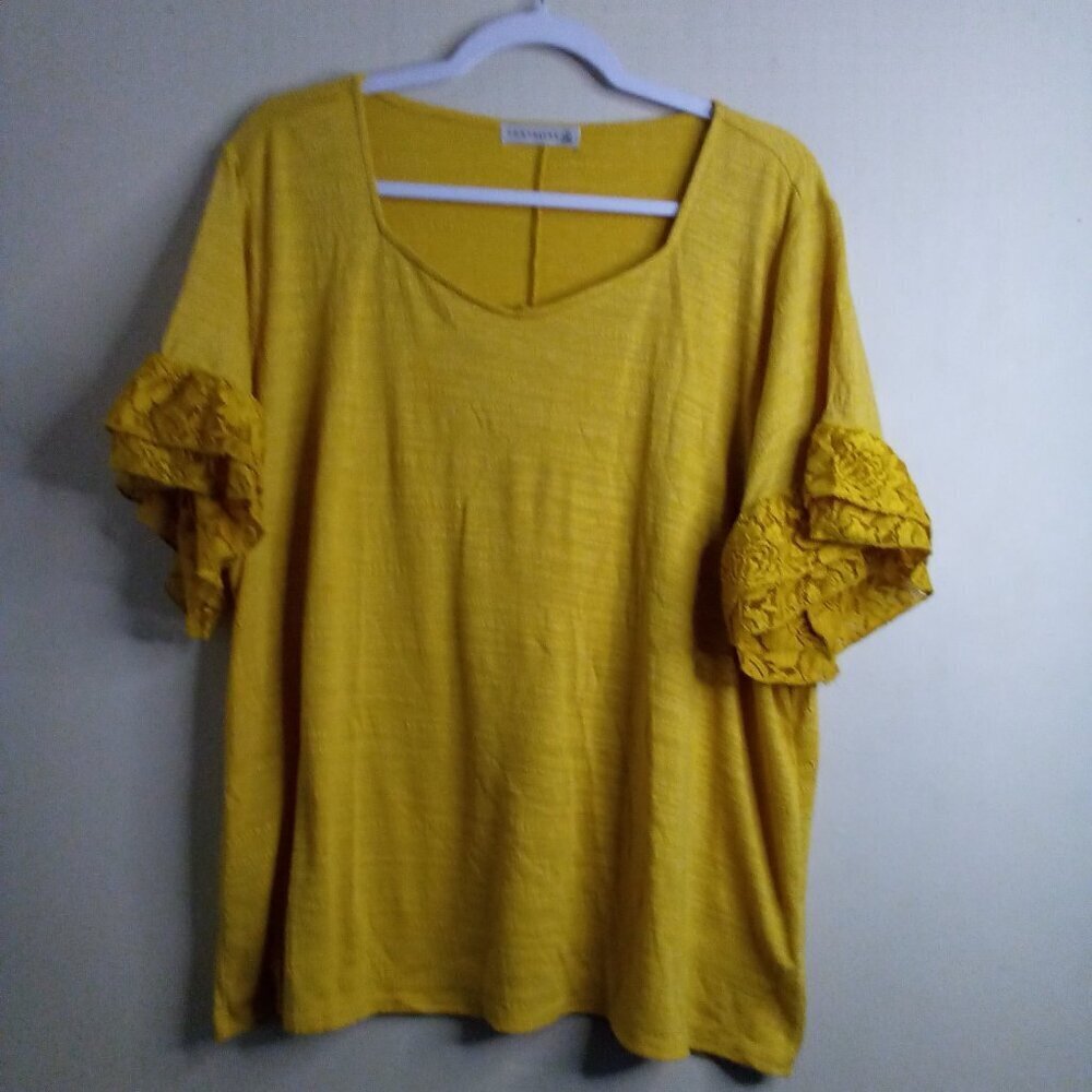 Retrology Blouse Women 2X Short Sleeve Lace Trim Boho Feminine Mustard Yellow